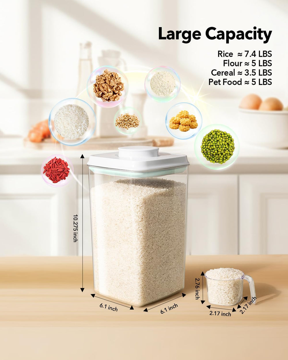 Airtight Food Storage Container with Pop Lid & 130ml Scoop, 4L/4.2qt *2 B...