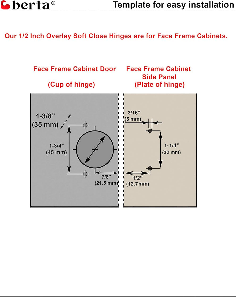 Berta, 100-Pack Full Overlay 110° Face Frame Soft Close Cabinet Hinges