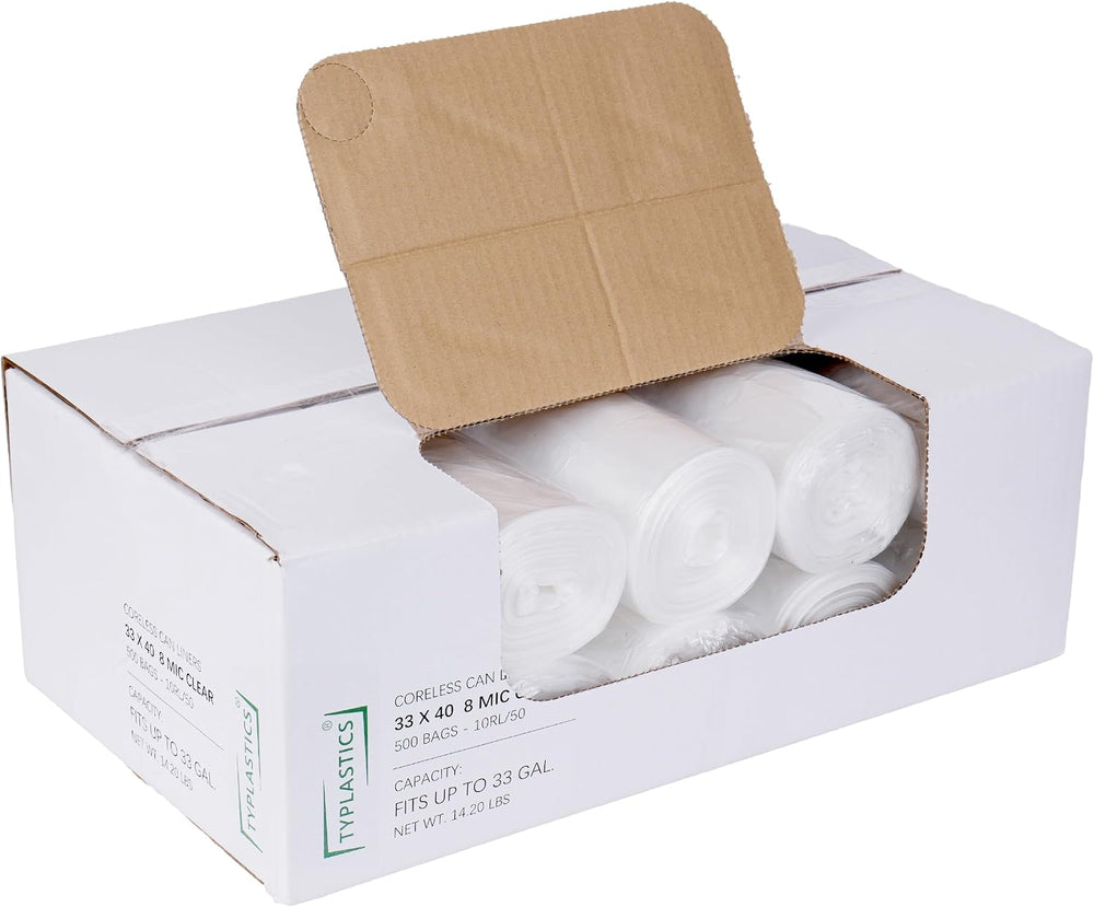 TYPLASTICS 33 Gallon Clear Trash Can Liners, 500 count, 33" x 40"
