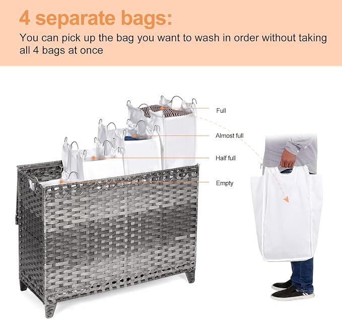 Laundry Hamper with 4 Removable Liner Bags; 176L Handwoven Rattan Laundry