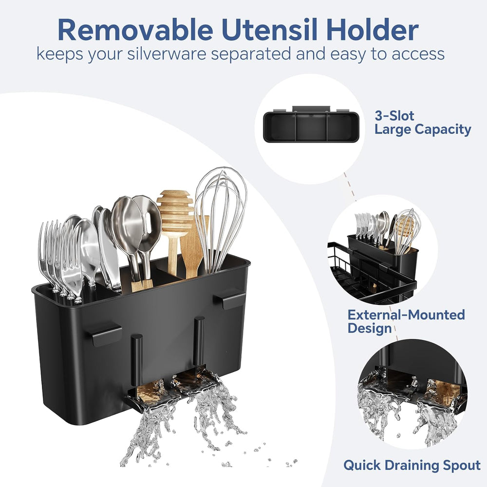 Simple Trending Dish Drying Rack, 2-Tier with Utensil Holder, Black