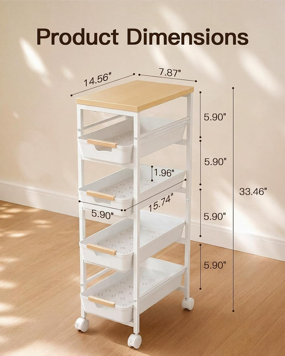 Pipishell Slim Storage Cart, Wooden Top Narrow Kitchen Storage Cart, White