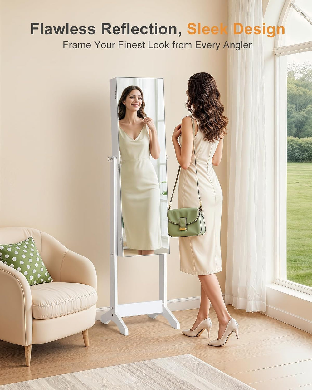 Nicetree Freestanding Jewelry Cabinet, Full Length Mirror, Moon White