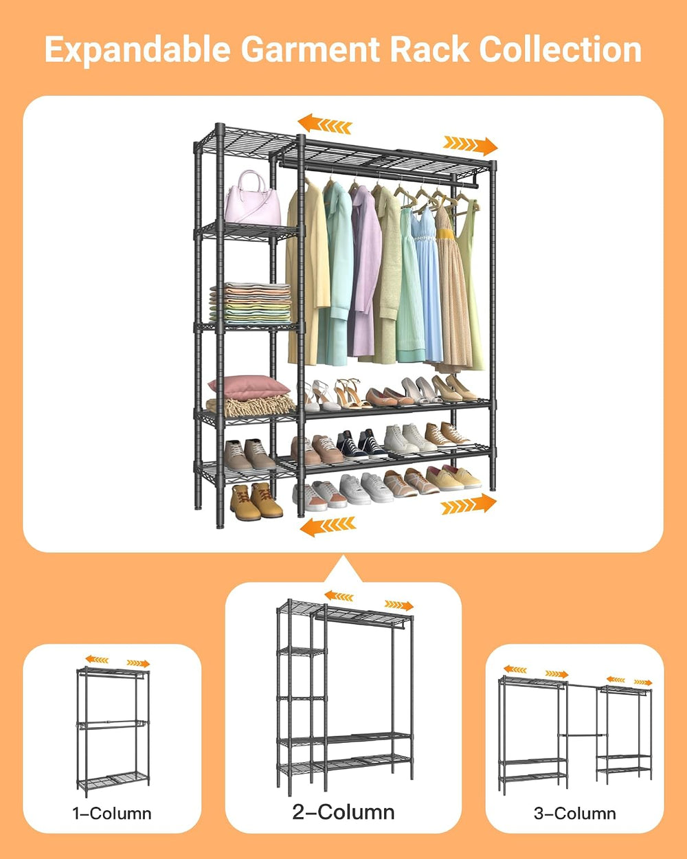 Expandable Clothes Rack with Shelves for Heavy Duty Closet Organizer System