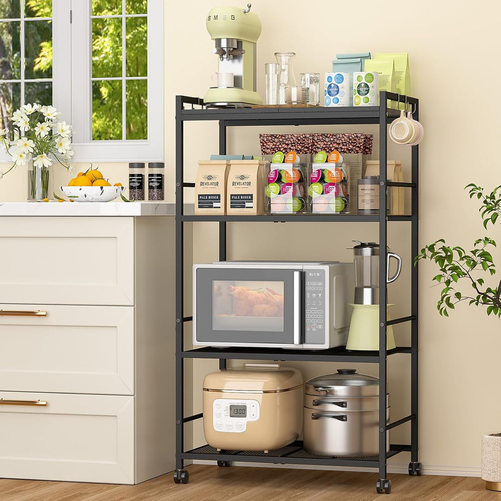 4-Tier Rolling Microwave Cart, Kitchen Storage Cart with Wooden Tabletop