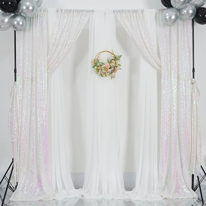 Poise3EHome White Iridescent Sequin Backdrop Curtains,4 Panels 2FTx8FT Glitte...