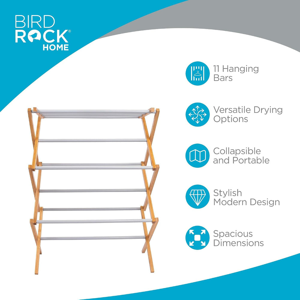 BIRDROCK HOME Wooden Clothes Drying Rack | 3-Tier Foldable Bamboo Laundry Sta...