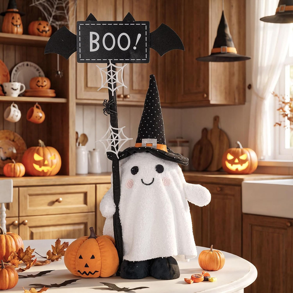 unanscre Standing Halloween Ghost Plush Decor with Adjustable Sign&Pumpkin