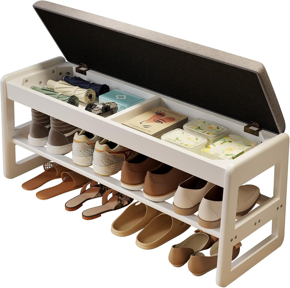 AQIMUELE Shoe Rack Bench, Wooden 2 Tiers with Flip-Top Storage