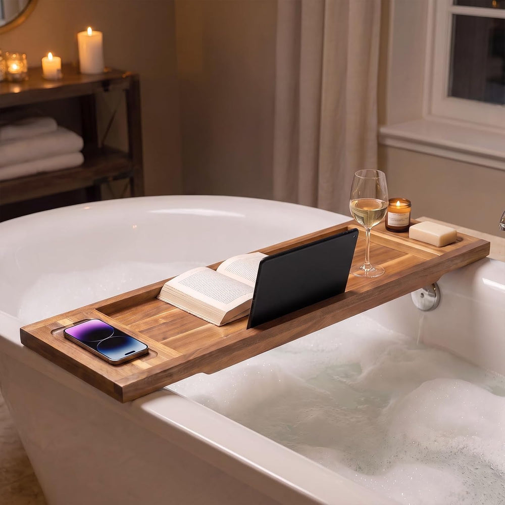 Acacia Wood Bathtub Tray, 35"x10" Large Bath Tray for Free-standing...