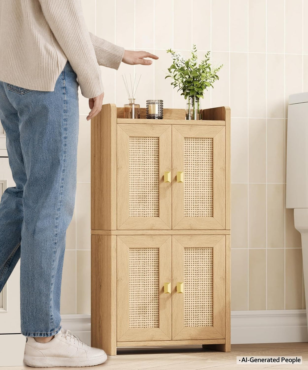 15" Rattan Small Bathroom Cabinet 4 Doors Adjustable Shelf Oak