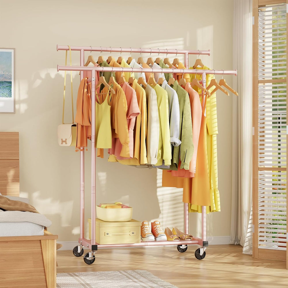 HYSEYY Double Rods Clothes Rack, Sturdy Rolling Clothing Rack, Portable Cloth...