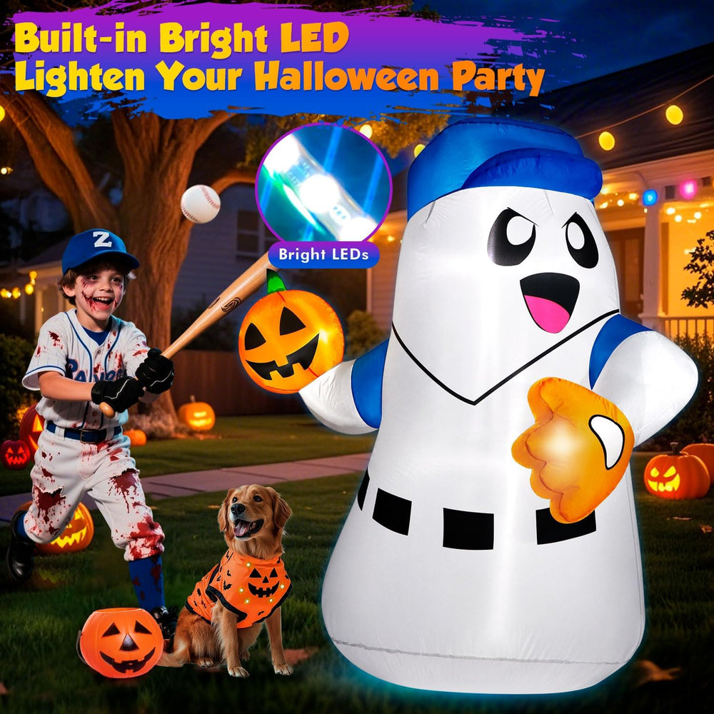 5FT Halloween Inflatables Ghost Pitcher with Pumpkin Baseball, Halloween Deco...