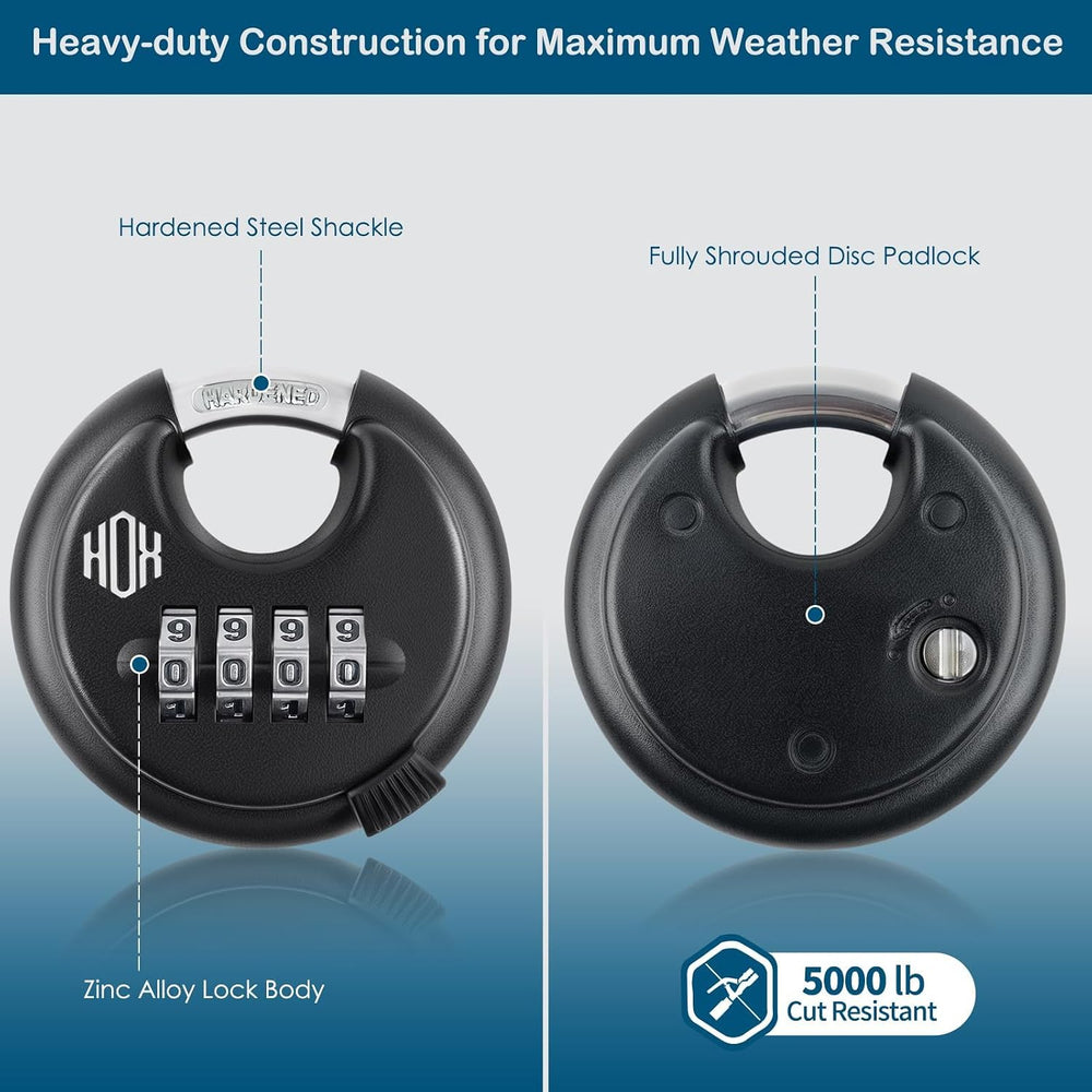 HOX 4-Digit Disc Padlock, Combination Lock with Stainless Steel Shackle