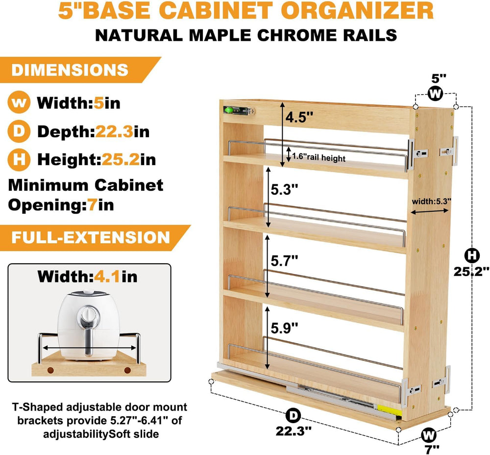 Pull Out Spice Rack Organizer for Cabinet, 5" W x 22.3" D x 25.2&qu...