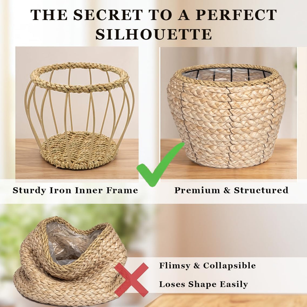6 Inch Seagrass Planter Basket, Handwoven with Metal Frame & Liner