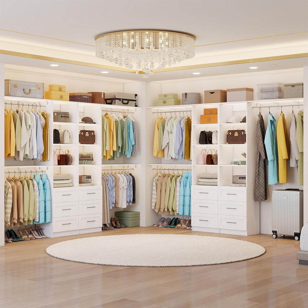 Closet System with 9 Drawers,12 Shelves,9 Rods,11FT-17FT,3 Sets,White