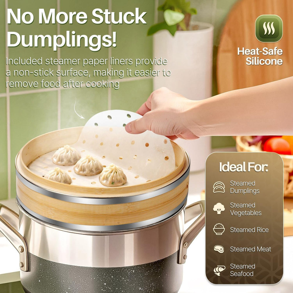 Flexzion 10-Inch Bamboo Steamer Basket Set with Stainless Steel Banding