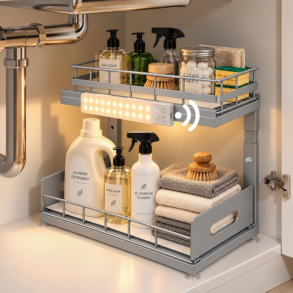Under Sink Organizer with Motion Sensor LED, Pull-Out Home Organizers