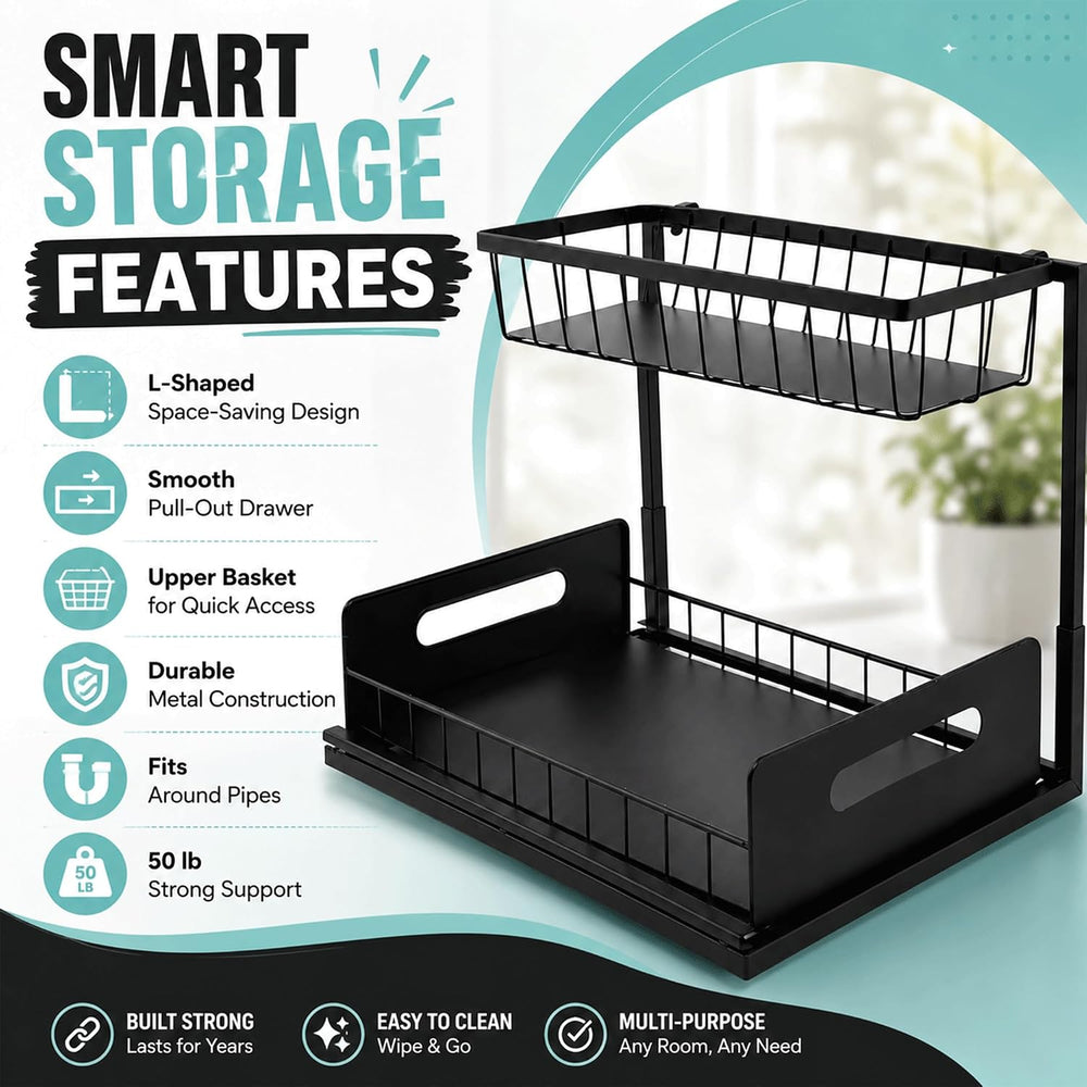 2-Tier Under Sink Organizer, Pull-Out Cabinet Storage Rack, Black, Adjustable...