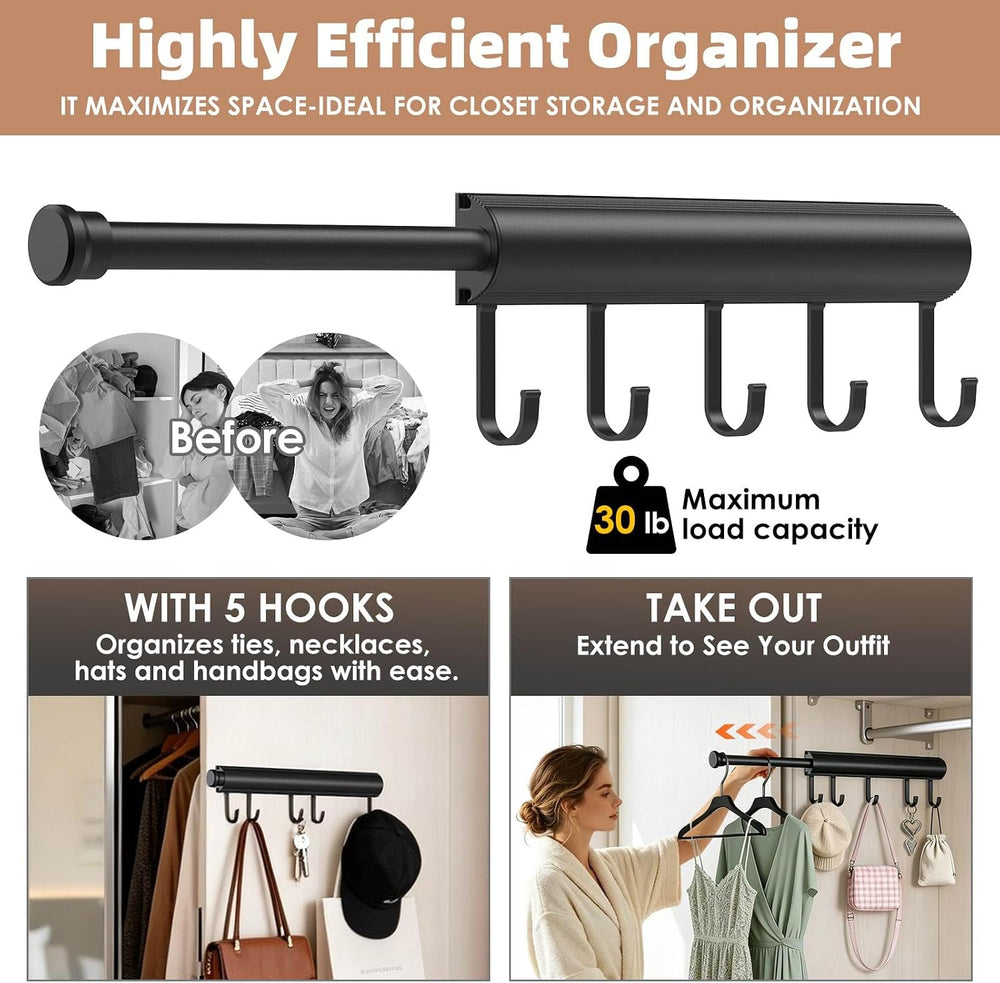 Pisman Valet Rod for Closet Pull Out 12 Inch with 5 Hooks - Black 2 Pack