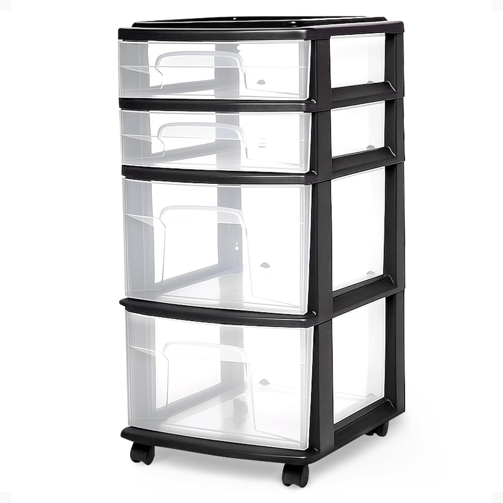 HOMZ Drawer Tower, 4-Tier Storage Cart with Removable Wheels, Black Frame