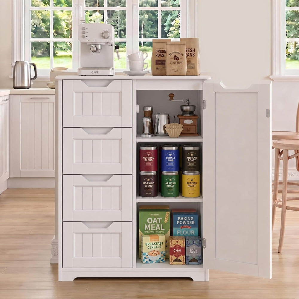 Gizoon Small Coffee Bar Cabinet with 4 Drawers and Door, White