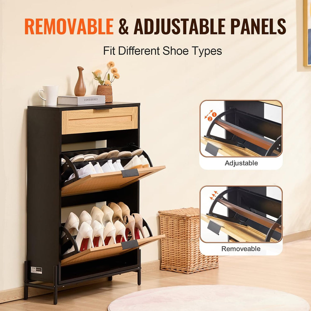 VEVOR Rattan Shoe Cabinet, Narrow Shoe Storage Organizer with 2 Flip Rattan D...