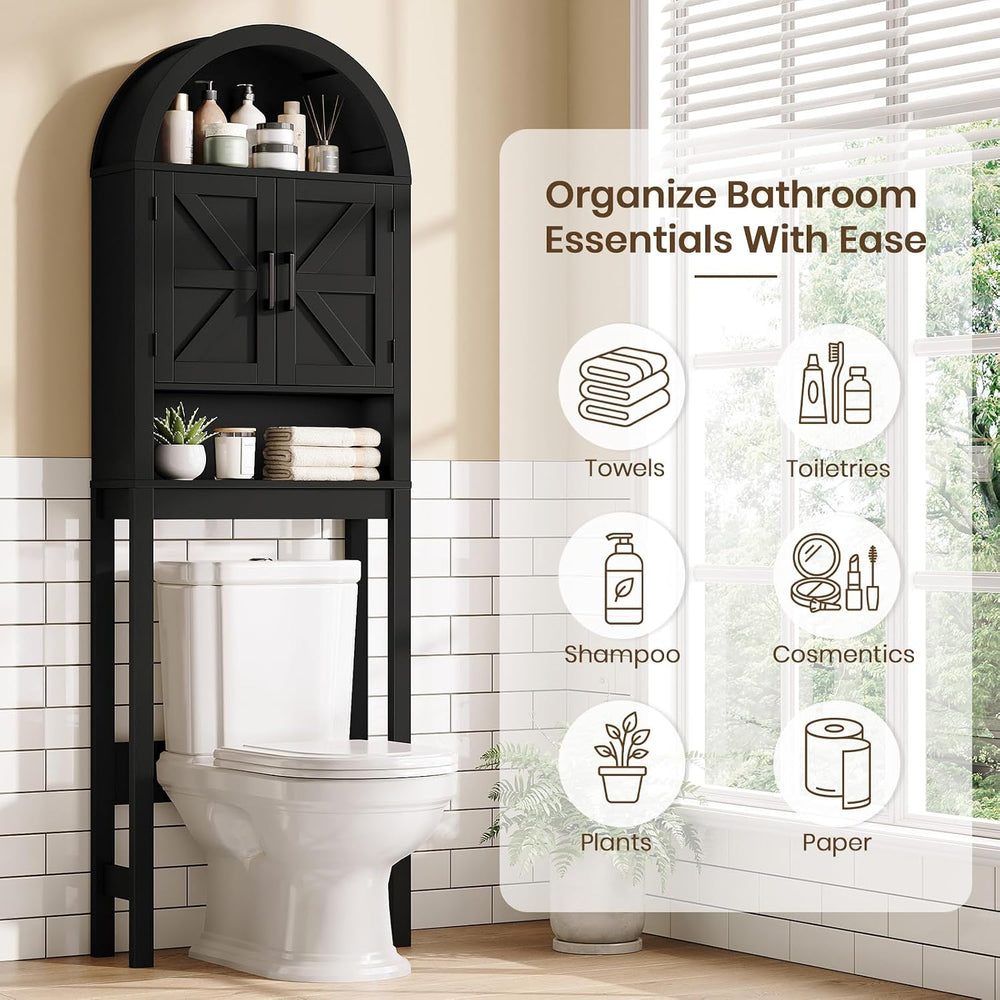 Arched Over The Toilet Storage Cabinet with Barn Doors, Bathroom Shelf