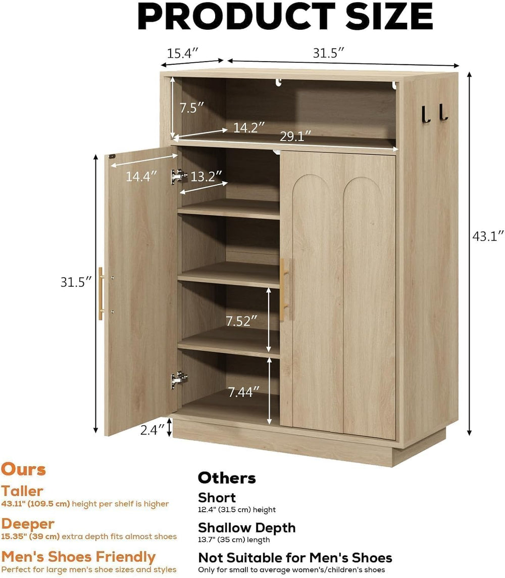 Shoe Cabinet with Arched Doors, 43" Hidden Shoe Storage, Oak