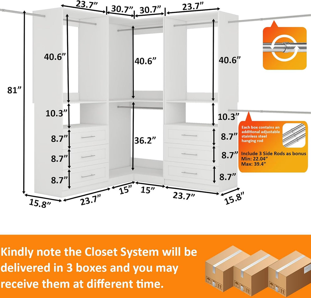 Closet System with 6 Wooden Drawers, 6.5-16FT Corner Closet Organizer System ...