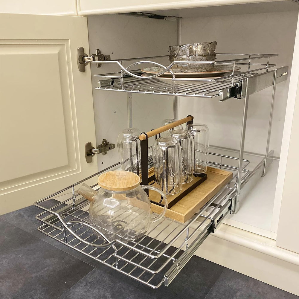 Sikarou Pull Out Cabinet Organizer 9"W 21"D 2-Tier Slide Out Storag...