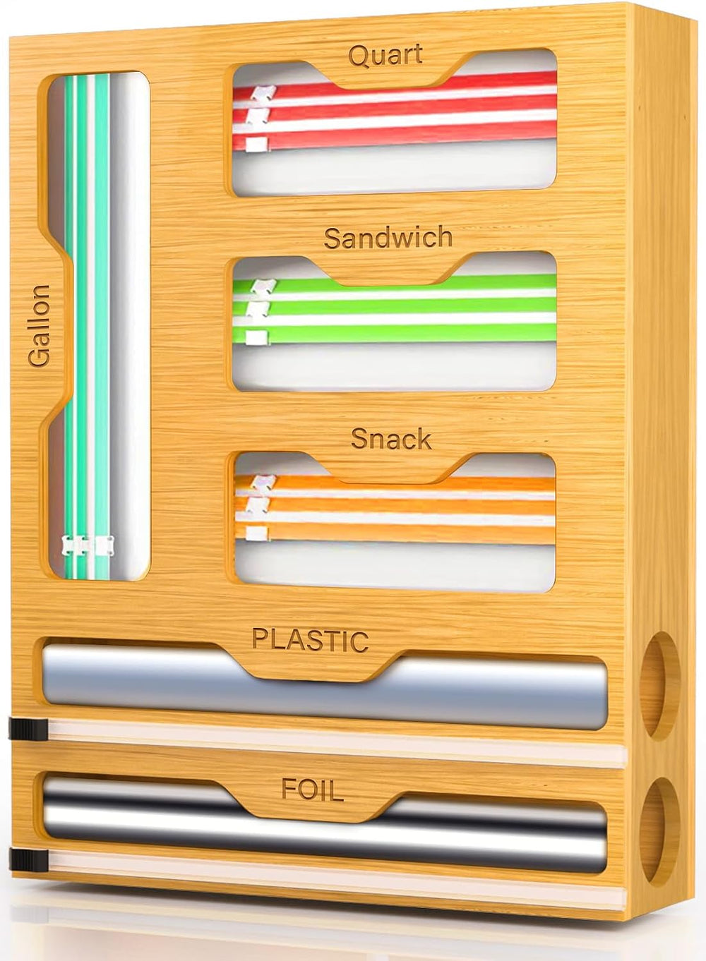 KOCWELL Bag Organizer and Plastic Wrap Dispenser with Cutter, 6 In 1 Bamboo F...