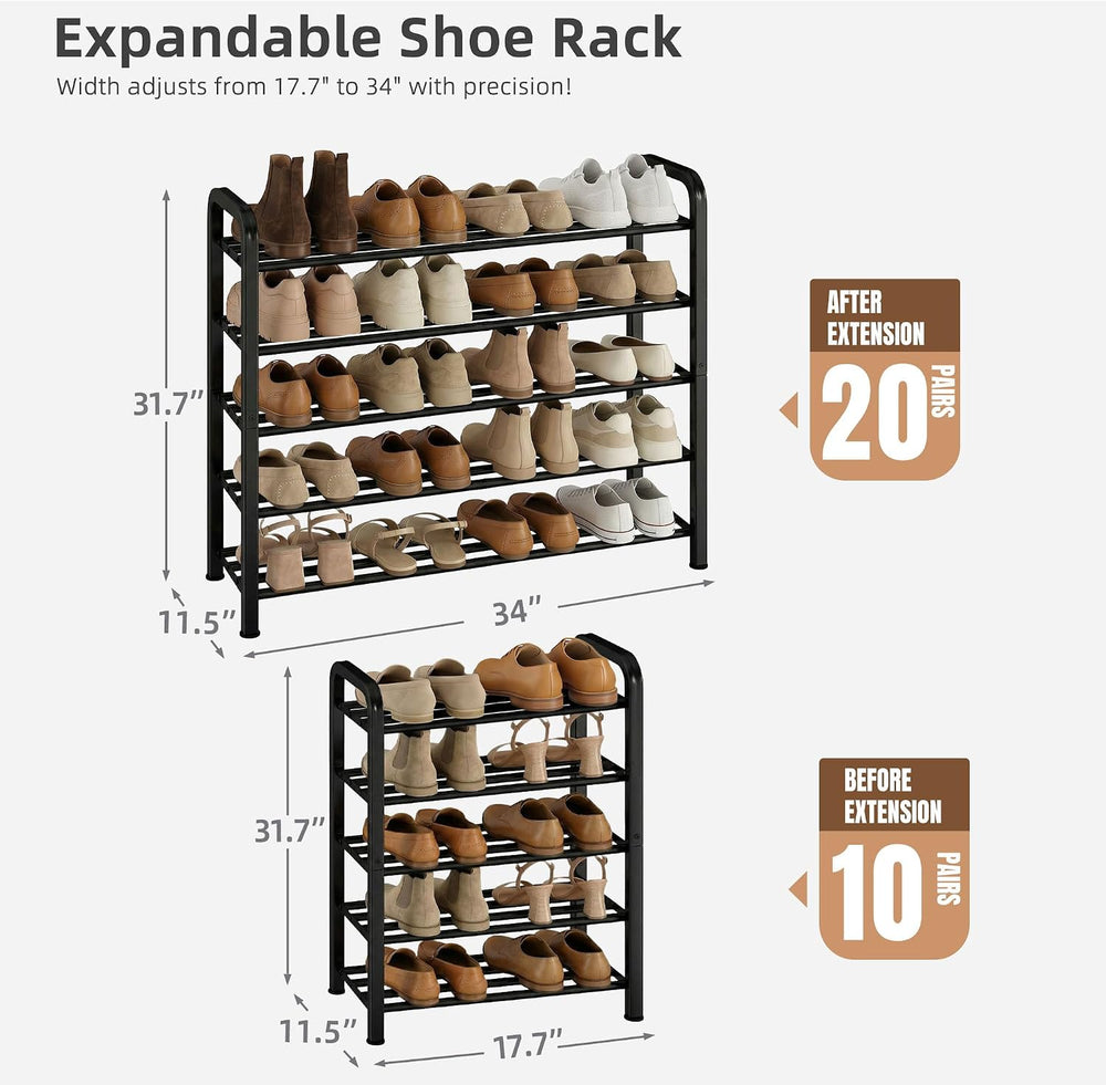 STORAGE MANIAC 5-Tier Expandable Shoe Rack, 20 Pairs Adjustable Shoe Shelf fo...