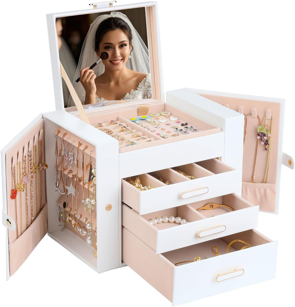 ASINGYER White 4 Layer 3 Drawer Jewelry Organizer with Double Hanging Side Ca...