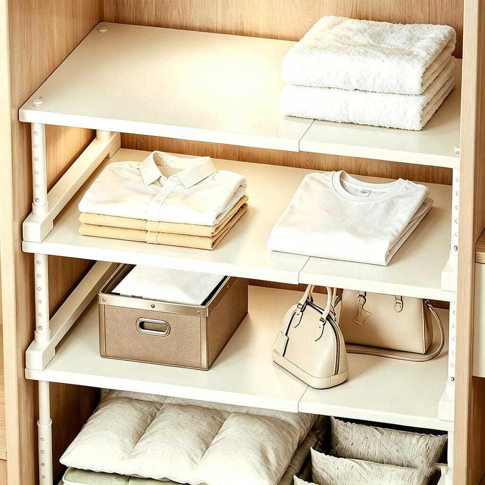 Adjustable Closet Shelf Organizer, Expandable Storage Rack for Wardrobe, Beig...