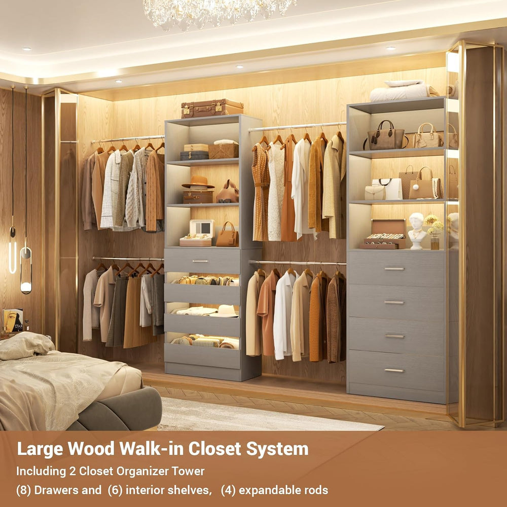 Aheaplus Closet System, 6-15Ft Closet Organizer with 8 Wooden Drawers
