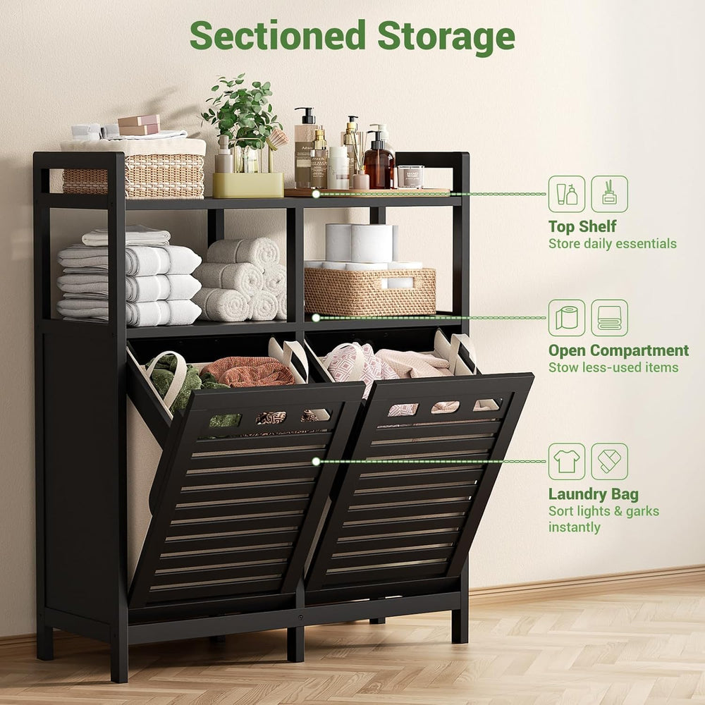 Homykic Double Tilt Out Laundry Hamper Cabinet with 2 Removable Bags, Black (...