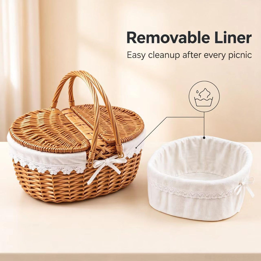 Picnic Wicker Basket with & Handles for Outdoor Camping, White