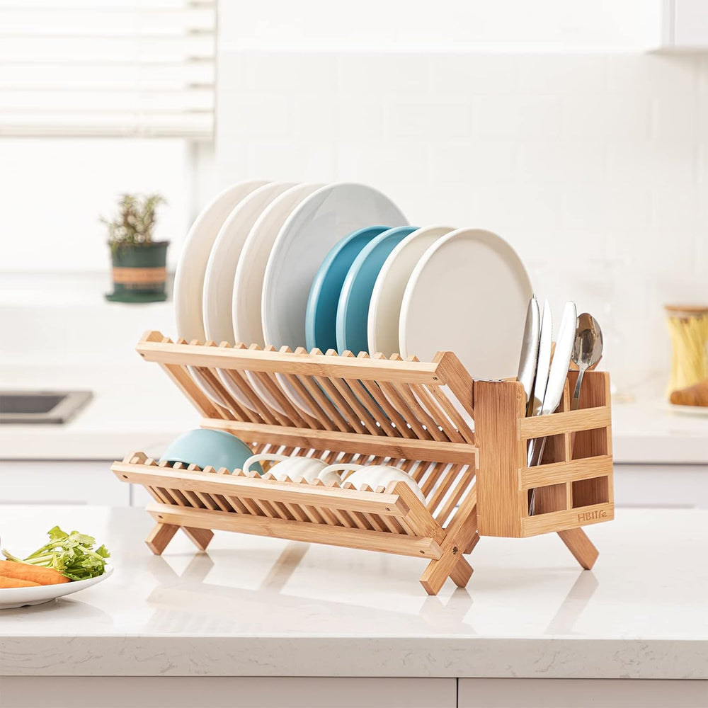 HBlife Dish Rack, Bamboo Folding 2-Tier Collapsible Drainer Dish Drying Rack ...