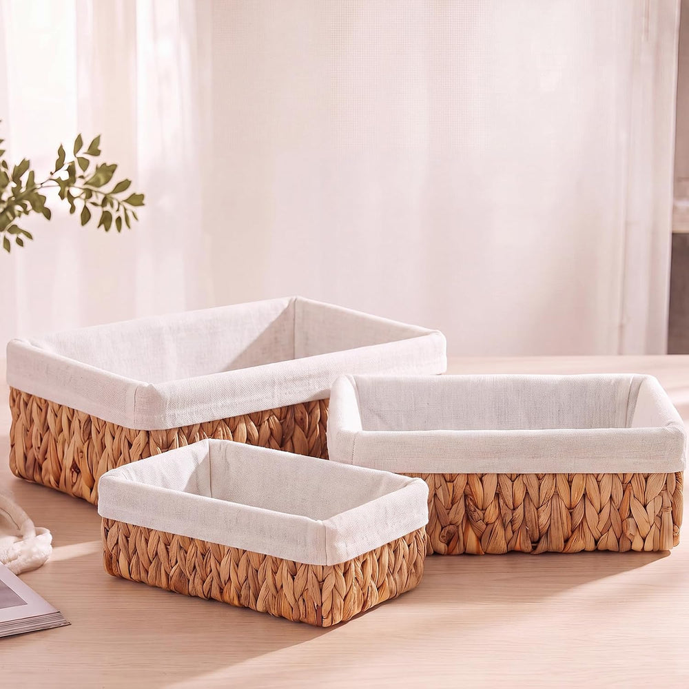 3 Pcs Wicker Storage Baskets with Liner, Water Hyacinth Rattan Baskets