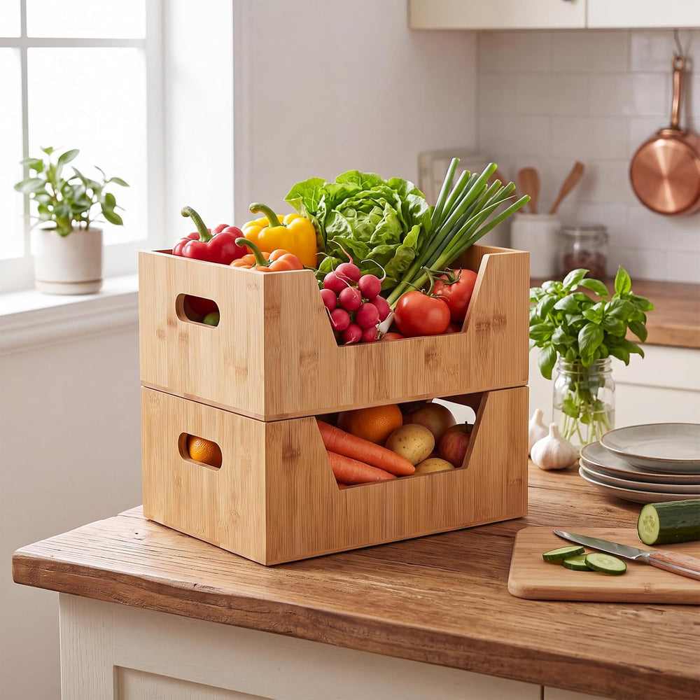 2 Pcs Stackable Bamboo Pantry Storage Bins for Kitchen Storage