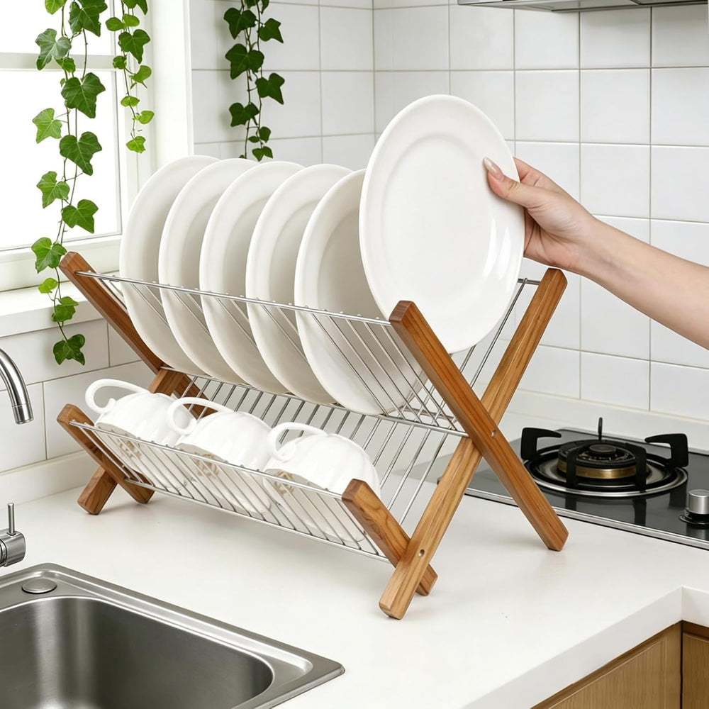 HTB Dish Drying Rack 2 Tier,Stainless Steel & Teak Wood Dish Drying Rack