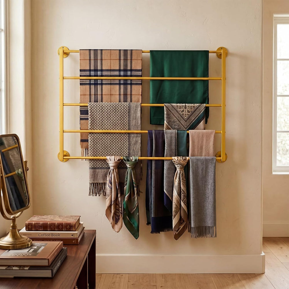 5 Tier Wall Mounted Hijab Organizer, Gold Metal Scarf Rack