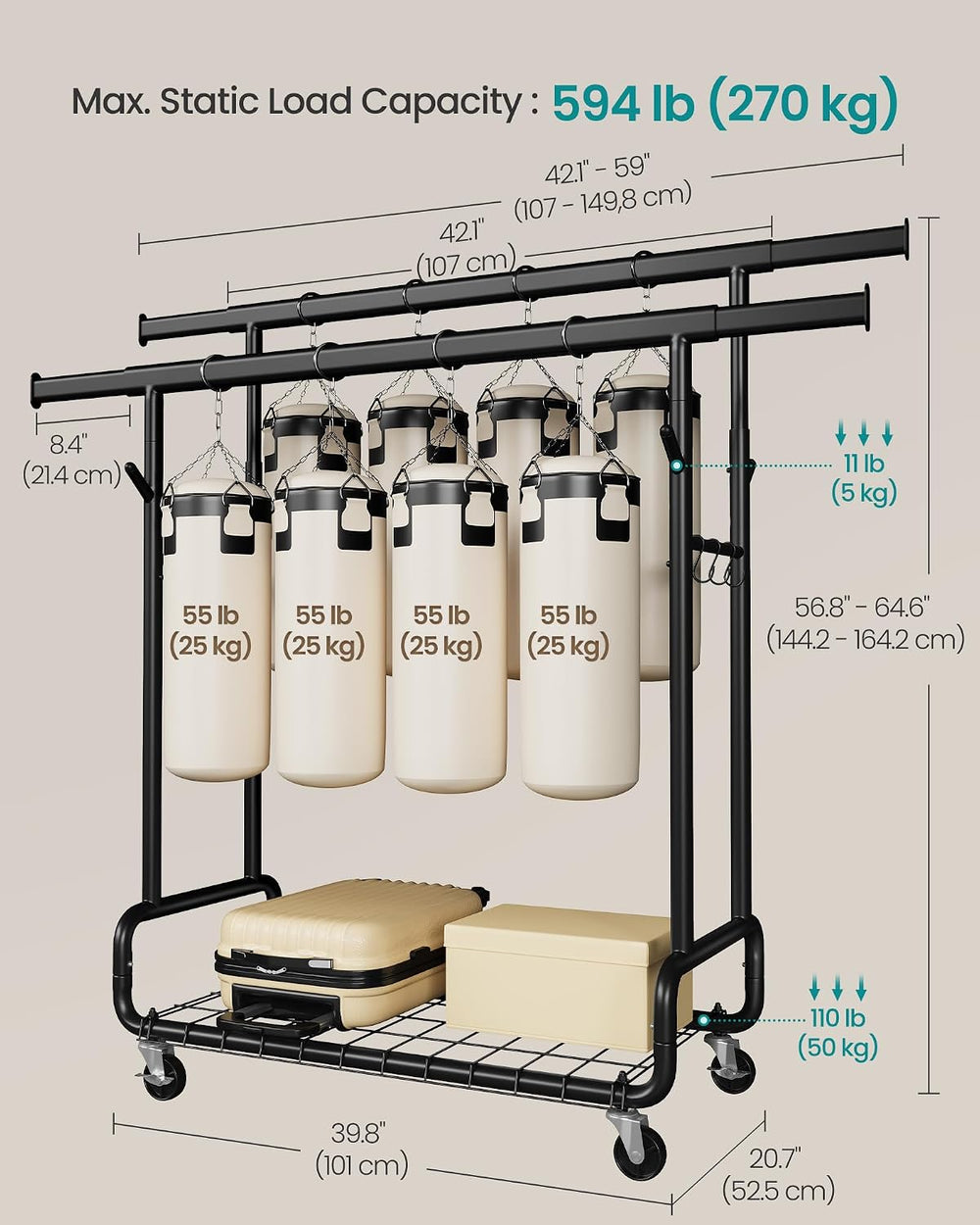 SONGMICS Clothes Rack, Heavy-Duty Rolling Garment Rack with Shelf