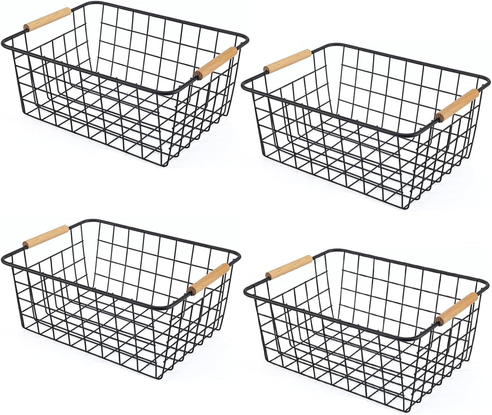 Wire Basket 4 Pcs Metal Wire Storage Basket with Wooden Handles for Pantry