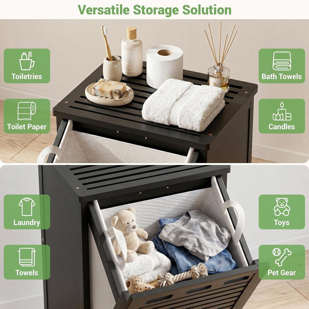 Bamboo Tilt Out Laundry Hamper Cabinet with 15.5 Gal Removable Bag, Black