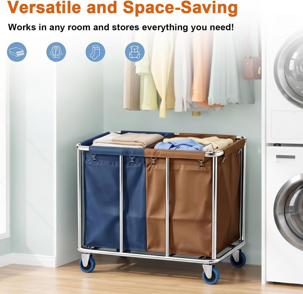Commercial Laundry Cart with Wheels, 400L 2-Section Industrial Rolling Laundr...
