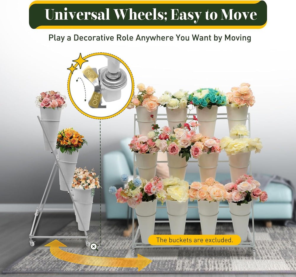 Plant Flower Bloom Bar Stand with 12 Buckets, Flower Cart Display Stand White...