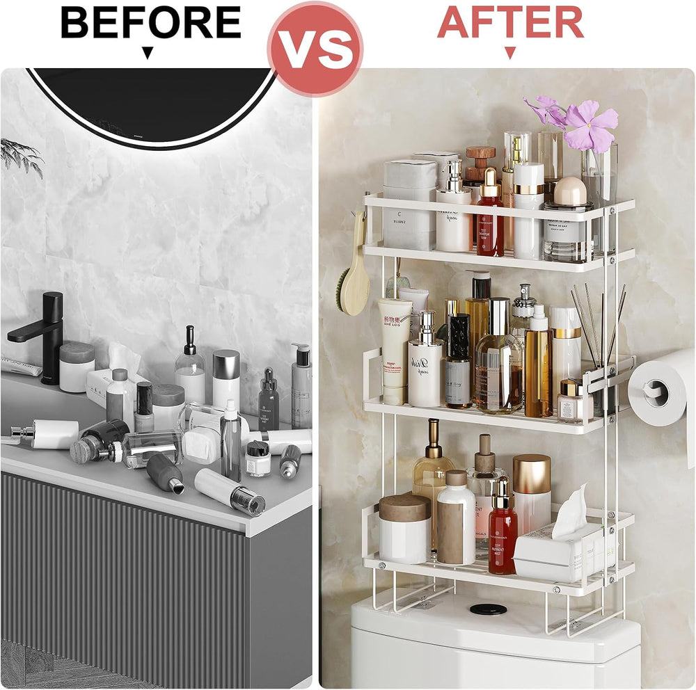 Godboat 3-Tier Over Toilet Storage Shelf, Wall-Mount with 2 Hook/Paper Rack